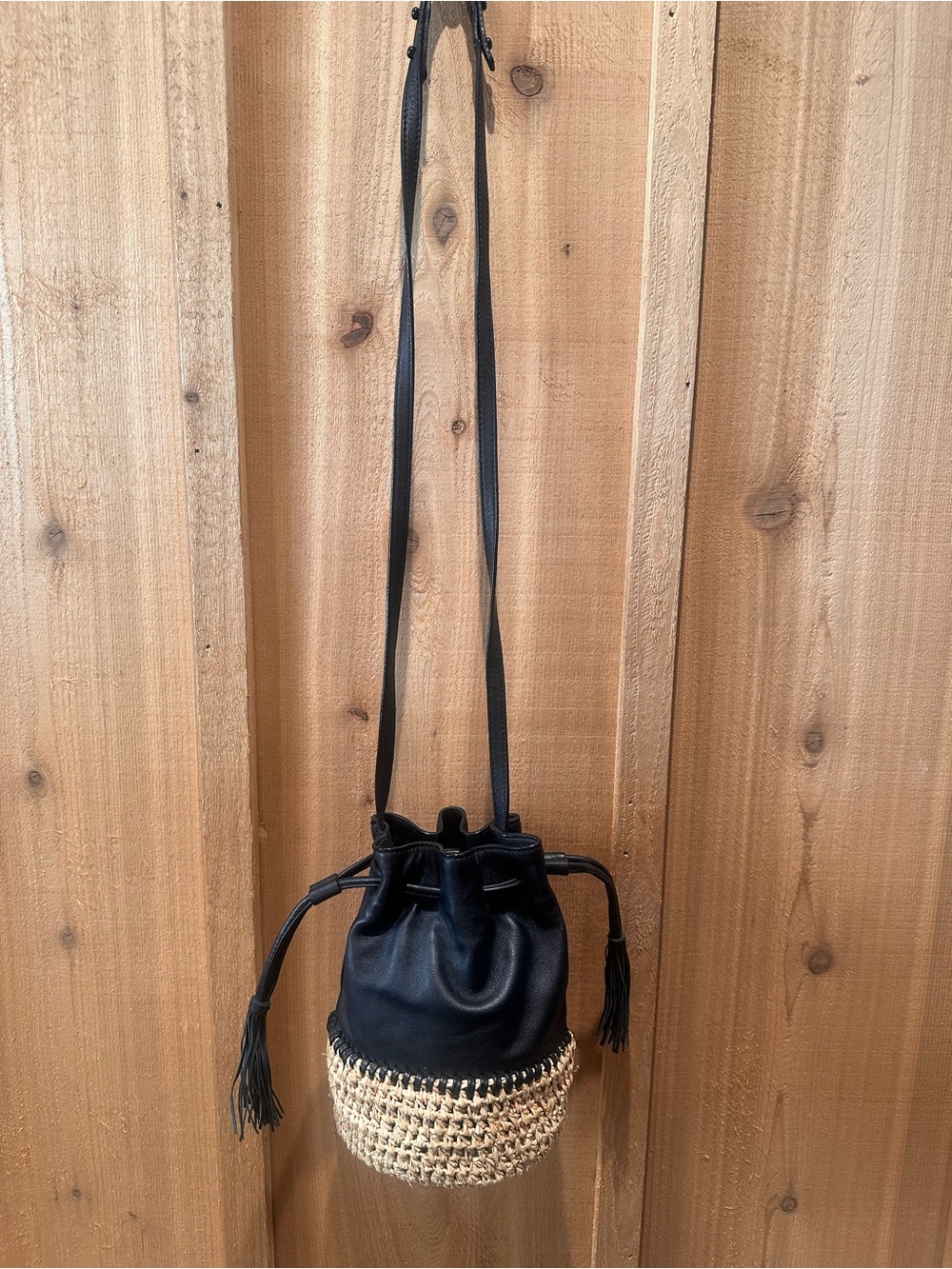 Loeffler Randall Black Leather and Raffia Drawstring Bucket Bag - Picture 2 of 12